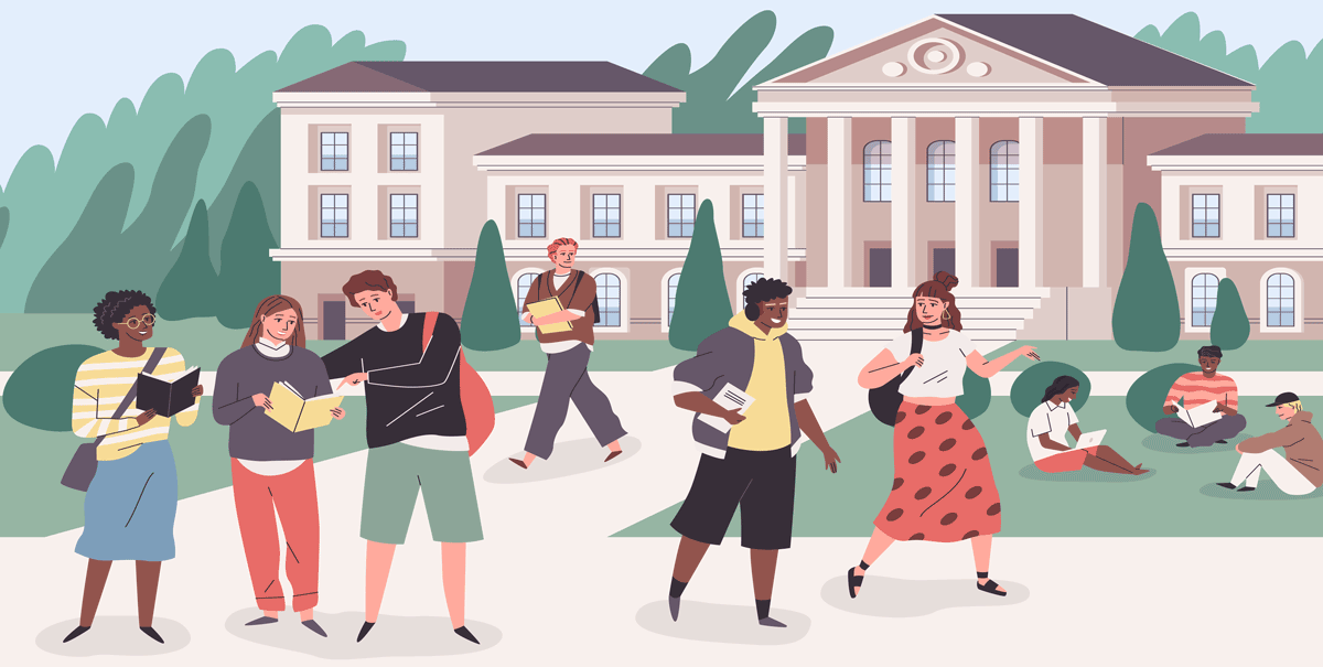 illustration of college students in front of a school