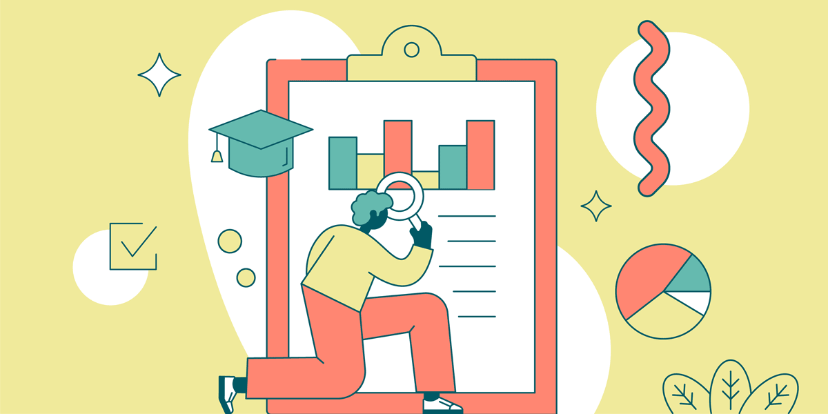 A person holding a magnifying glass looking at a bar chart on a large clip board, there is a piechart, a checkmark and a graduation cap on the sides