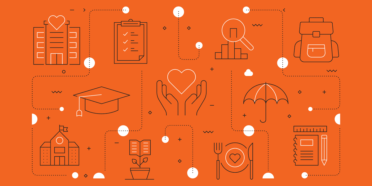 orange graphic with hands, charts, umbrellas, pencils