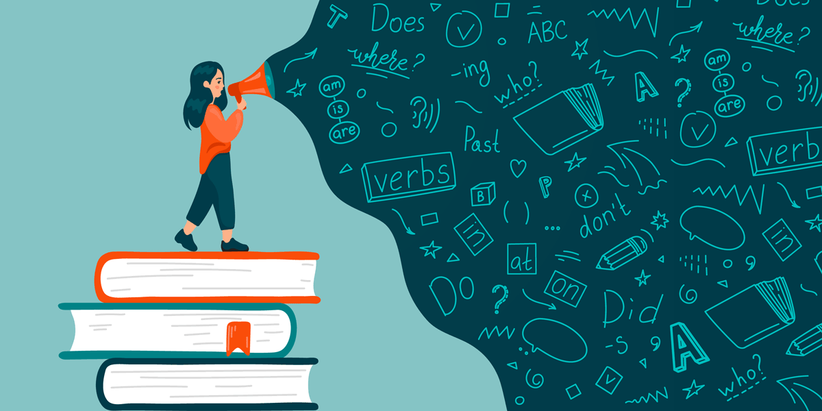 illustration of a teacher standing on some books