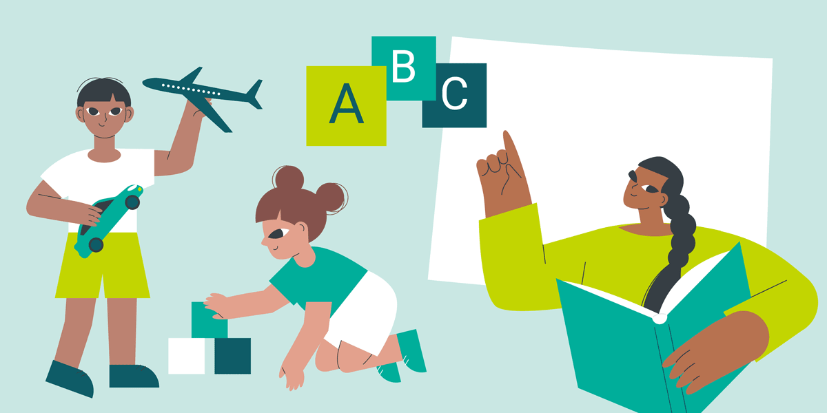 illustration of teacher teaching abc's to two children