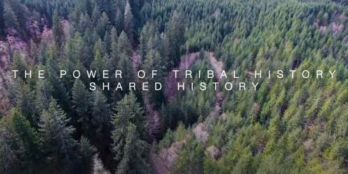 Aerial view of a forest with text that says "The power of tribal history shared history"