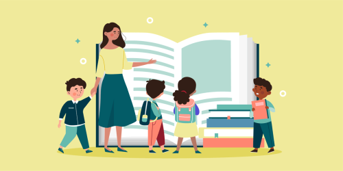 illustration of a teacher with students and a giant book