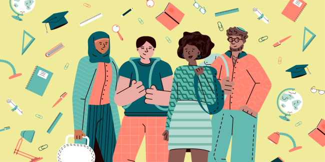 illustration of four diverse students standing together