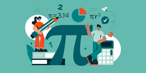 Two students standing next to different math symbols