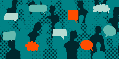 Silhouettes of people with different colored speech bubbles next to them