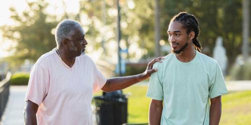 two adults talking