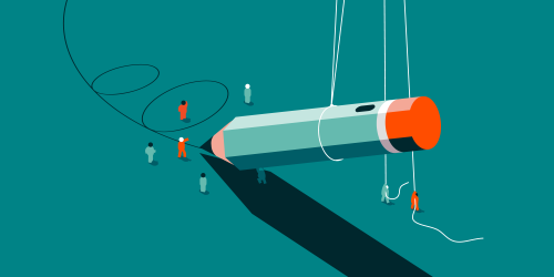 A pencil being held up by strings and people leading it in a direction